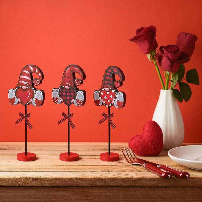 Smile Valentine's Day Gnome - Themed Wooden Block Decor Set with Red Bases and Ribbon Accents, Valentine Indoor Decoration Gift Box