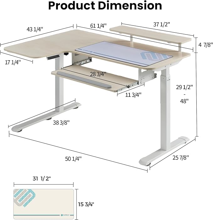 EUREKA ERGONOMIC 55 Inch L Shaped Electric Standing Desk, Height Adjustable Computer Gaming Desk with Keyboard Tray, Mouse Pad, Home Office Work, Maple Wood, Left Side