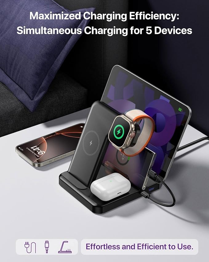 Multiple Devices Charging Station, 5-in-1 Charging Station for iPhone 17 Pro Max/Pro/16/15/14/13/12, iPad Pro/Air/Mini, Apple Watch and Airpods,Wireless Charging Dock(G805) (Pink)