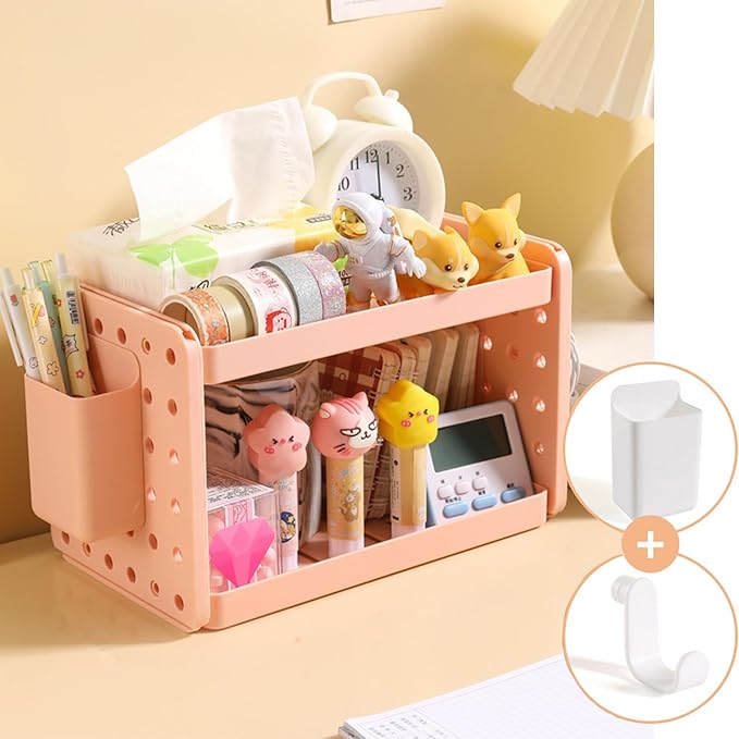 Lae Nuvole Desktop Organizer Shelf Stationery Organizer with Pen Holder Office Desk Top Pegboard Shelf Plastic Combinable Storage organizer for Desk, Office, Tabletop, Dorm (Pink, 2 Tier)