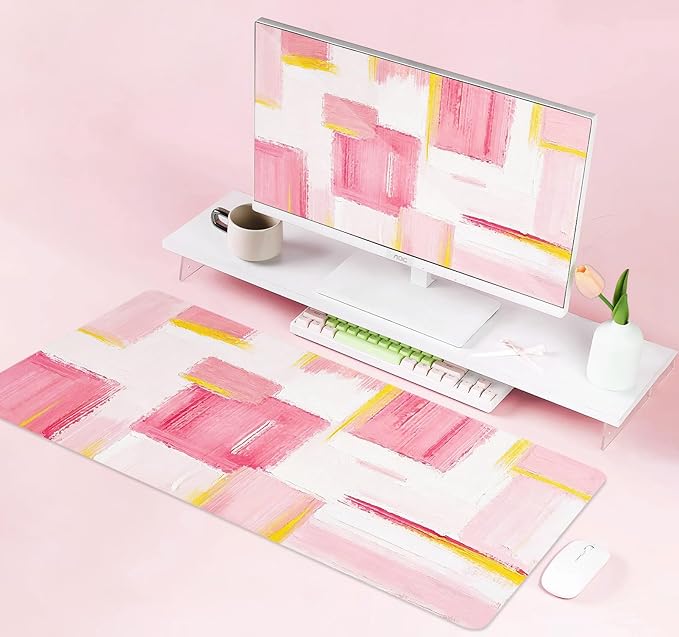 Pink and Gold Large Mousepad for Laptop, Abstract Art Desk Mat, Modern Pink and White Desk Pads, Non-Slip Rubber Base Desktop Mat, Computer Mouse Pad, 31.5 x 11.8 inch