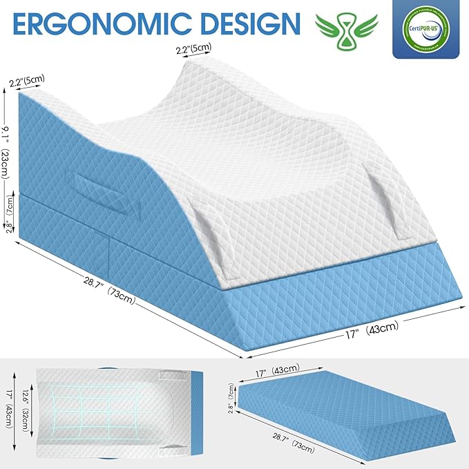 TranquilRelax Elevation Pillows for Leg After Surgery, Memory Foam Adjustable Wedge Pillow for Injury or Rest, Ankle Pillow for Sleeping Blood Circulation, Light Blue/Double Leg