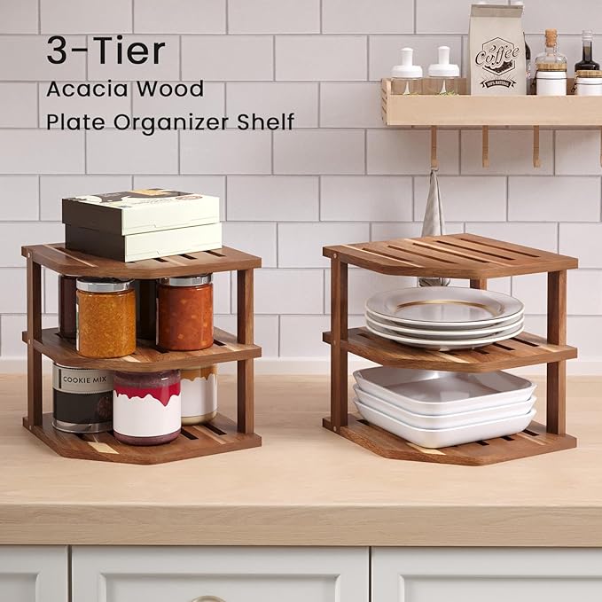 VERTORGAN 3 Tier Acacia Wood Corner Shelf,Dish Drying Rack,Plate Organizer,Kitchen Spice Rack for Countertop and Cabinet,Pantry Organization and Storage