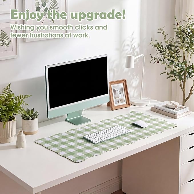Copkim 1 Pcs Scalloped Green Gingham Desk Mat 31.5 x 11.8 Inch Large Cute Mouse Pad Computer Mat Non Slip Waterproof Rubber Base with Border Stitching Soft Keyboard Pad for Home Office Gaming Makeup