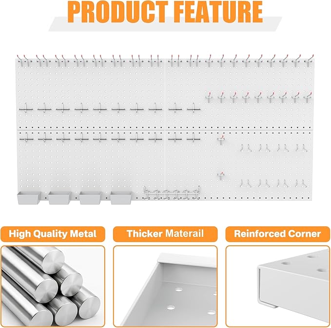 TORACK Garage Tools Organizer Boards Kit with Hooks, Modular Wall-Mounted Tool Storage Pegboard for Workbench(Gray, 4 Panels with Hooks)