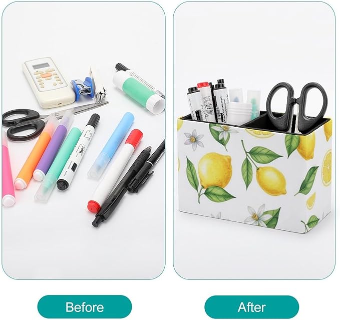Square Pens Pencils Holder Cup Yellow Fruits Green Leaves Lemon Floral, Sleek and Sturdy Stationery Organizer