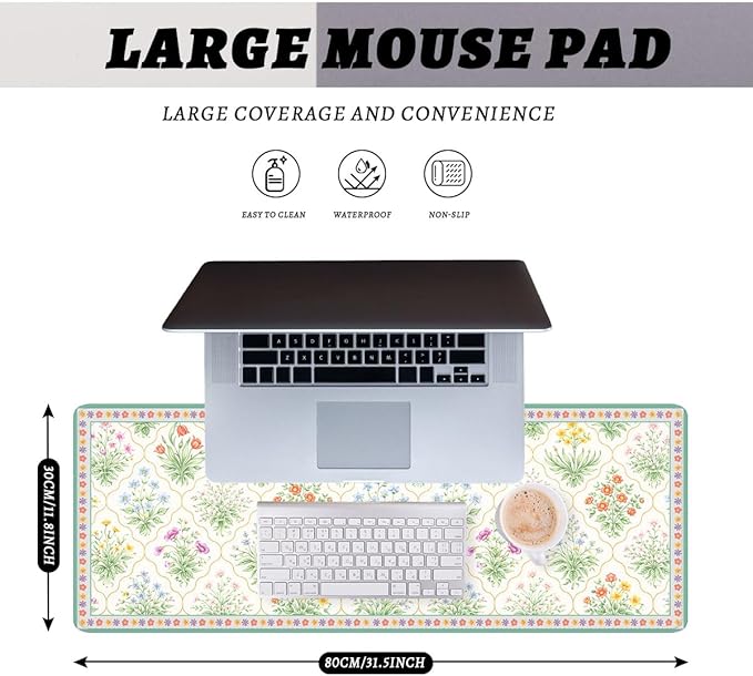 Cottagecore Floral Mouse Pad, Vintage Garden Botanical Gaming Desk Mat Extended Laptop Keyboard Non-Slip Rubber Base with Stitched Edges for Home, 31.5x11.8in Desk Home Office Gaming