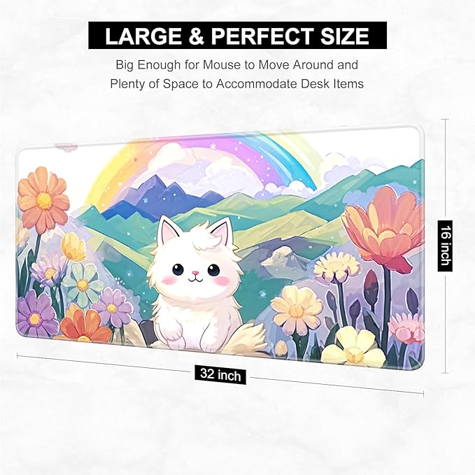 Desk Pad, 32" x 16" XXXL Extended Large Gaming Mouse Pad, Desktop Decor Desk Mat, Men Women Office Supplies and Accessories, Cute Anime Mouse Mat for Laptop & Keyboard, Rainbow Cute Cat