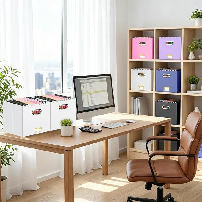 BALEINE File Organizer Box, Cardboard File Folder Organizer with Handle for Letter Size, Portable Collapsible Hanging Filing Box for Home Office Document Storage (4 Pack, Large White)