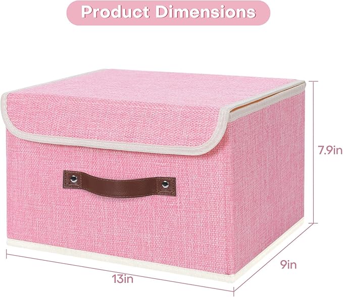 ANMINY 2PCS Storage Bin with Lid Storage Boxes with PU Leather Handles PP Plastic Board Decorative Foldable Lidded Cotton Linen Fabric Home Cubes Baskets Closet Organizer Container - Pink, Medium