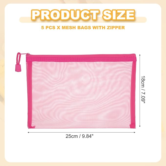 PATIKIL A5 Mesh Zipper Pouch Bags, 5 PCS Mesh Bags with Zipper Plastic Storage Pocket for Organizing File Beads Office Home Supplies, 18x25cm, Rose Red