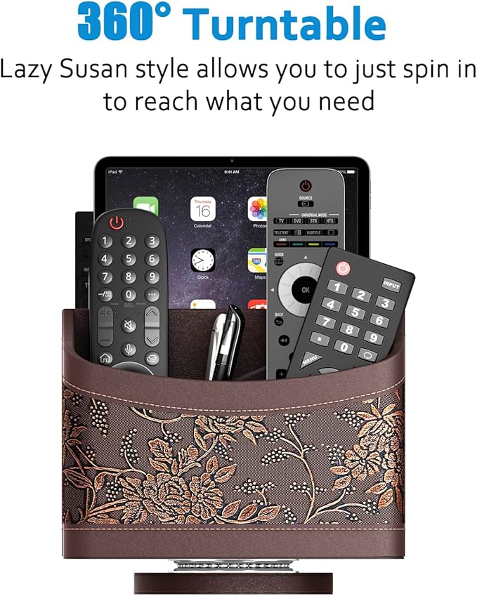 Remote Control Holder for Table, Leather Turntable/Organizer/Caddy for Holding TV Controllers, Phone, and Office Supplies, Perfect Space Saver for End Table/Nightstand/Office Desk(Retro)