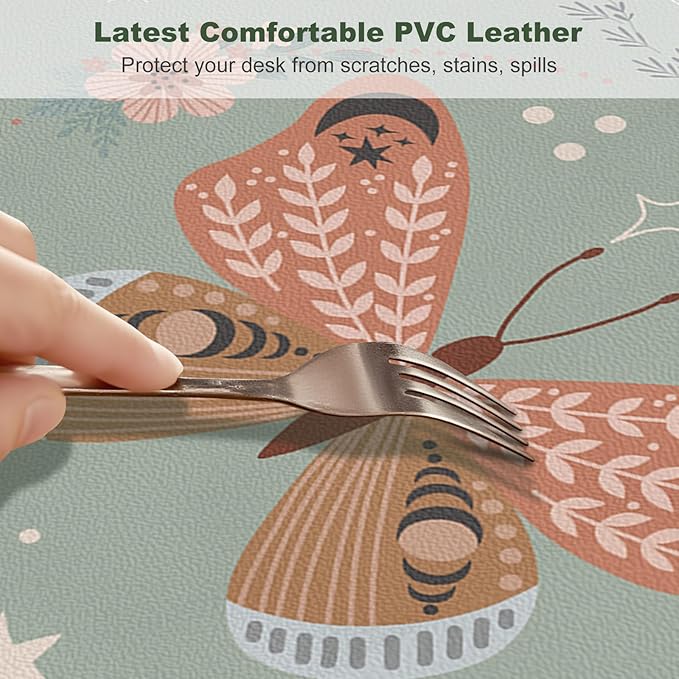 DINKY Leather Desk Pad, Green Butterfly Laptop Computer Desk Keyboard Mat, Table Protector Blotter Mat, Non-Slip Large Mouse Pad for Office/Work/Home 35.4" x 15.7"