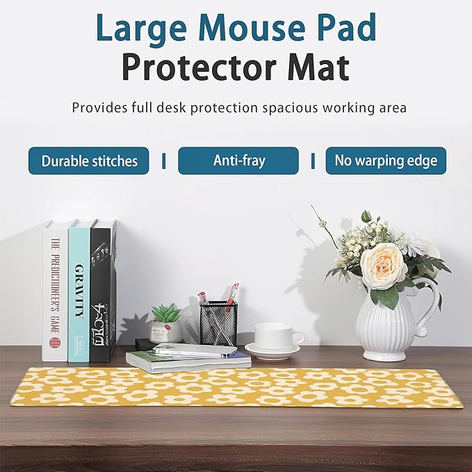 Desk Mat, Vintage Groovy Yellow Flowers Extended Gaming Mouse Pad Large, Big Desk Mat with Non-Slip Base and Stitched Edge, Long Computer Keyboard Mouse Mat for Home Office Work 31.5"x15.7"