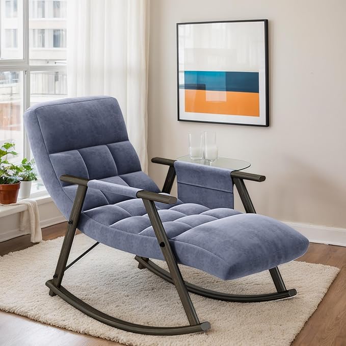 Folding Rocking Chair Nursery with Armrests, Upholstered Lounge Chair Indoor with Side Pocket, Adjustable High Back & Footrest, Glider Rocking Chair for Living Room, Bedroom, Balcony (Velvet, Blue)