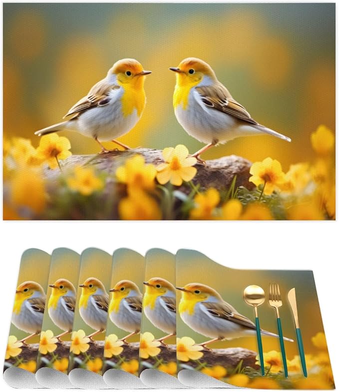Placemats Set of 4 Heat-Resistant Rectangle Place Mats Cute Bird Yellow Washable Plastic PVC Dining Table Mat Non-Slip Wipeable Woven Vinyl Placemat for Kitchen Patio Table Decor