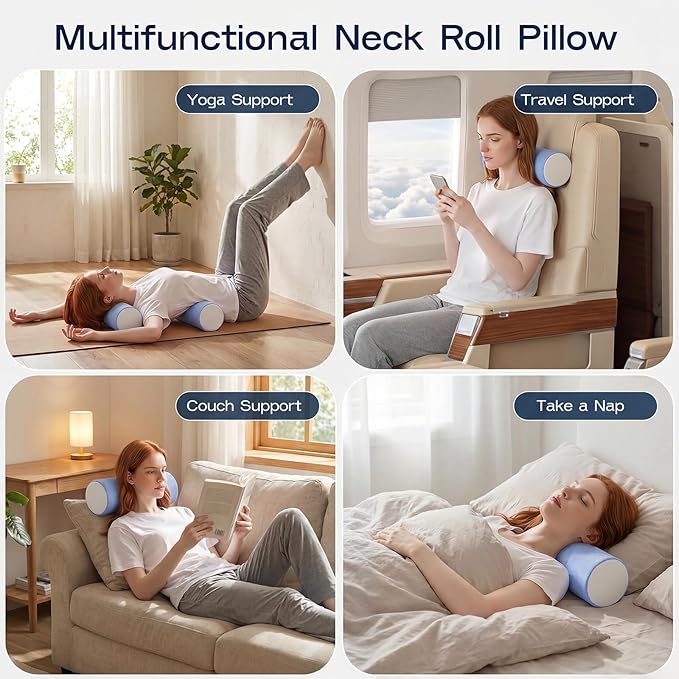 Neck Roll Cervical Pillow for Neck Pain Relief - Memory Foam Neck Pillow for Bed, Round Neck Pillows for Sleeping, 15.7 * 6 * 6inch (Blue-White)