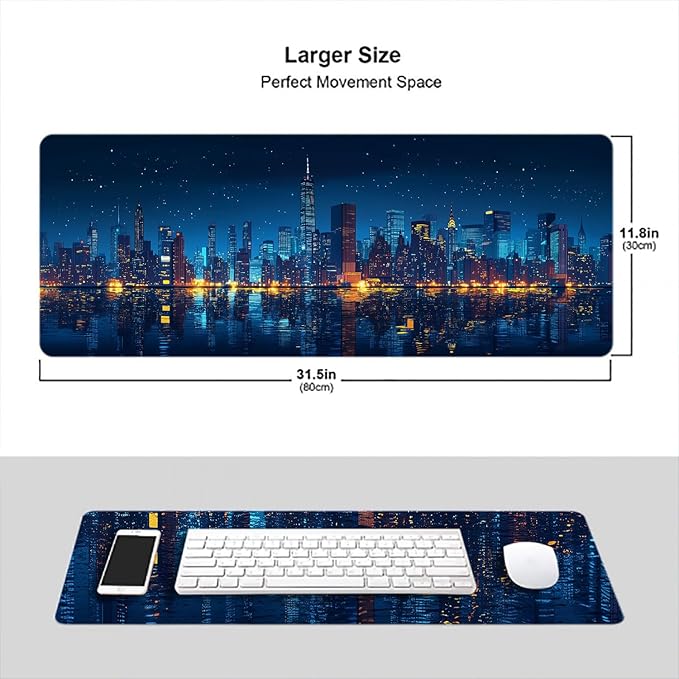Modern City Gaming Mouse Pad Starry Sky City Reflection Night Mousepad XL Large Gaming Mouse Pad Laptop Keyboard Mat Desk Pad 31.5"x11.8" Office Computer Keyboard Laptop Home