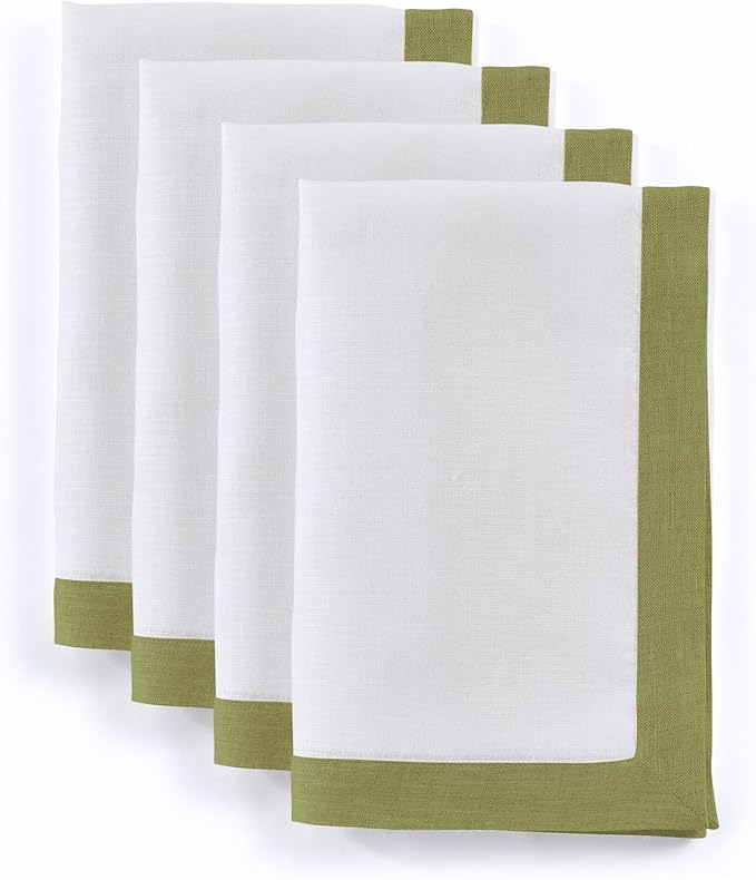 Solino Home Linen Napkins Set of 4-100% Pure Linen Avocado and White Dinner Napkins Cloth 20 x 20 Inch for Spring, Summer - Classic, Handcrafted and Machine Washable