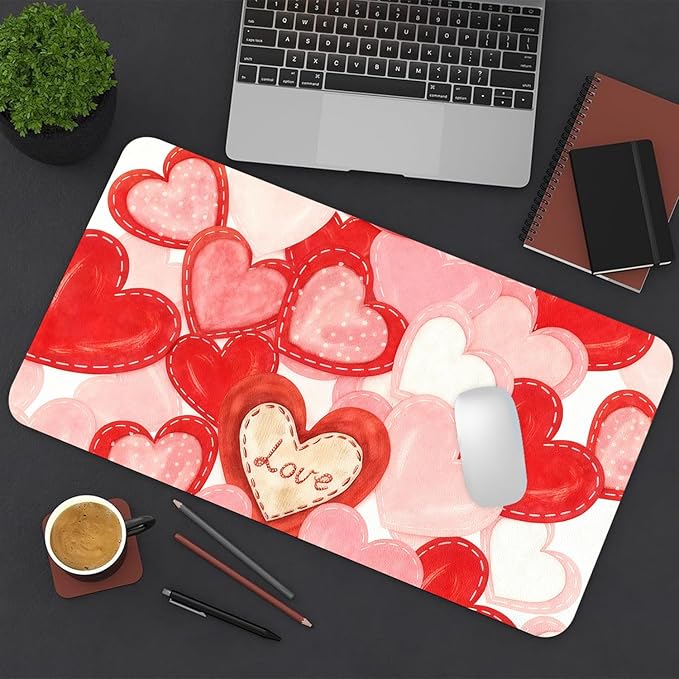 Valentine Desk Mat, Cute Love Heart Large Mouse Pad for Desktop, PU Leather Waterproof Desk Pad, Computer PC Laptop Protector Gaming Mouse Pads Valentine's Day Gifts for Her Him (23.6" x 11.8")