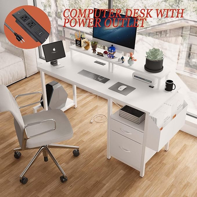 Modern Home Office Desk, Built-in Power Outlets, File Storage, Dual Monitor Stands, Shelves Ergonomic Design, Multi Functional for Work & Gaming (White + MDF+Metal + Modern)