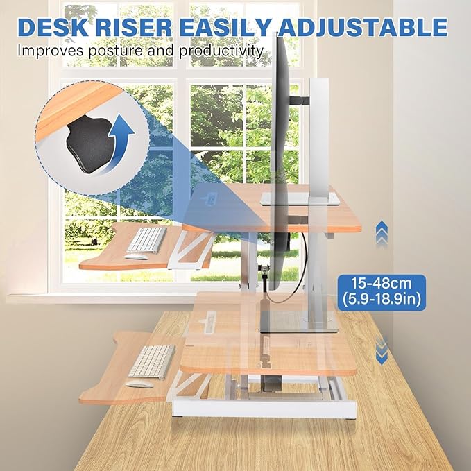37" Height Adjustable Standing Desk Converter, Two Monitor Stable Stand up Desk Converter, 5.9"-18.8" Height Adjustable Laptop Workstation with Keyboard Tray, Desktop Riser for Home and Company