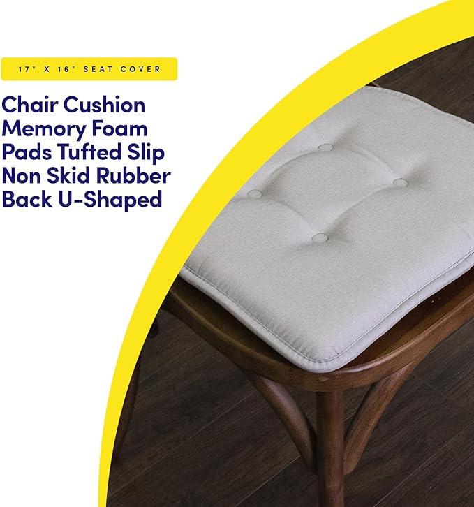 Sweet Home Collection Chair Cushion Memory Foam Pads Tufted Slip Non Skid Rubber Back U-Shaped 17" x 16" Seat Cover, Light Gray 4 Count