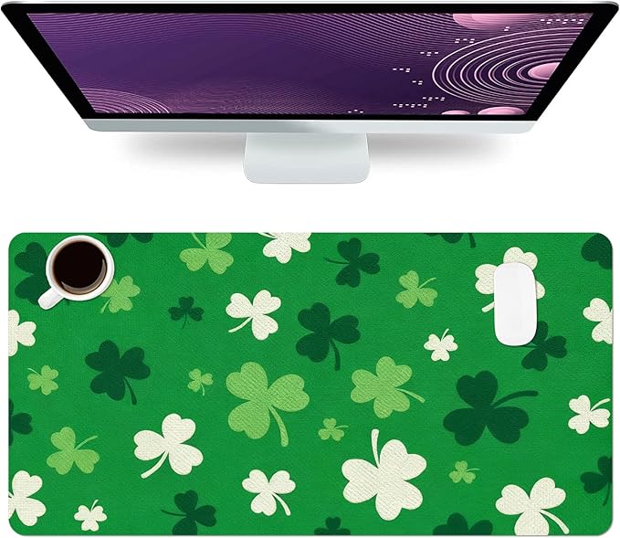 Green Clover Mouse Pad PU Leather Desk Mat Large Waterproof Gaming Pad Non-Slip Keyboard Mouse Pad Writing Pad for Gamer Office&Home