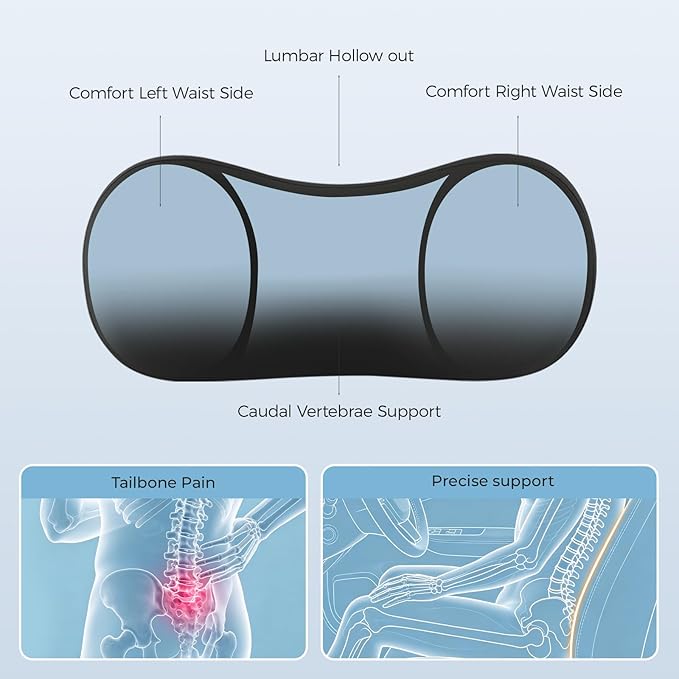 Lumbar Support Pillow - Back Pain Relief Cushion, Fits Tightly Around the Coccyx, Ergonomics Memory Foam, Skin-Friendly Fabric, Fit Car Drive, Office Chair, Rest Seat, Wheelchair (Black)