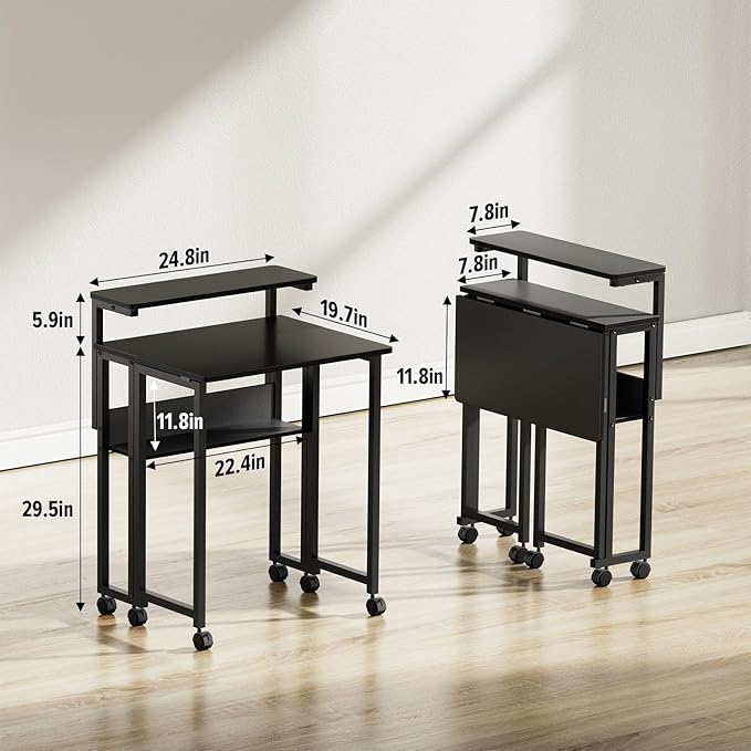 GreenForest Folding Desk with Adjustable Monitor Stand and Storage Shelf, 24.8in Rolling Table with Wheels, Mobile Small Desk for Small Spaces, Home Office, Black