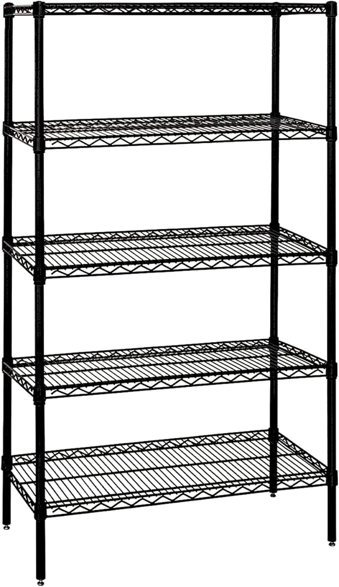 Quantum Storage Systems WR74-2136BK-5 Wire Shelving Starter Kit, 36" W x 21" D x 74" H, 600 lbs Capacity, Carbon Steel, Epoxy Coated, Black, NSF