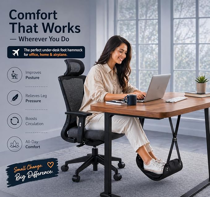 Airplane Foot Hammock for Plane Travel Essentials, Adjustable Foot Rest for Long Flights, Portable Airplane Footrest with Eye Mask & Ear Plugs, 3-in-1 Travel Comfort Kit