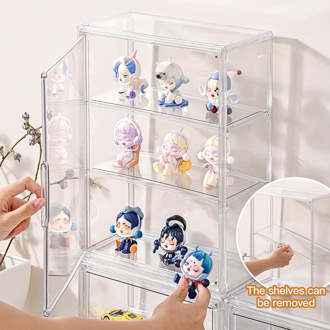 2 Pack 3 Tier Clear Display Case for Figures, Wall-Mounted Acrylic Storage Organizer Box, Stackable Display Cabinet with Magnetic Door & Removable Shelves, Showcase for Collectibles, Figures