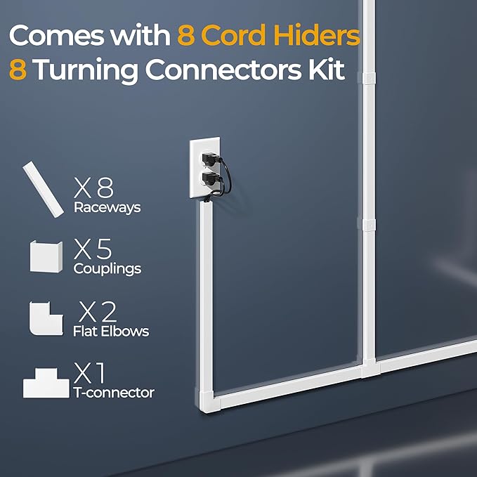 Cord Hider Kit, 113.4in Cord Covers for 2-4 Wires on Wall, Self-Adhesive Cable Hider Wire Covers for Cords on Wall, Paintable Cable Cover Raceway, Cord Hider for Walls Mount Tv, W0.95 H0.55in, White