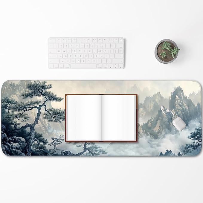 Gaming Mouse Pad, Non-Slip Rubber Base, Enlarged Mouse Pad with Stitching for Gaming, Office and Home, 31.5x11.8 Inch, Mountain Ink Painting
