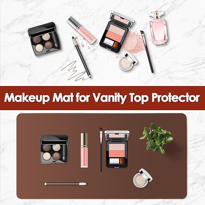 Makeup Mat for Vanity to Protect Desk Top 23.6 x 11.8 in, Dual-Sided Makeup Mat, Easy to Clean Desk Pad - Waterproof and Oilproof Vanity Accessories (Brown and Grey)