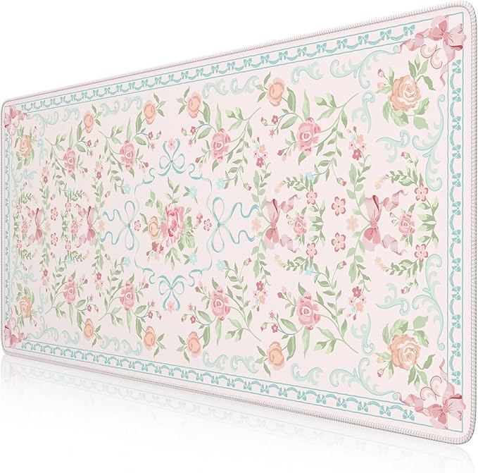 HAOCOO Blue Floral Keyboard Pad, 35.4" x 15.7" Large Mouse Pad for Desk, Non-Slip Waterproof Keyboard Mat, Cute Girly Desktop Mat for Office & Home Decor, Computer Desk Accessories with Stitched Edges