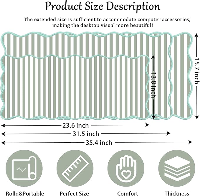 Scalloped Desk Mat Extended Large Cute Striped Mouse Pad Big Desk Pad XXL Aesthetic Stripe Mousepad Gaming Mouse Pad for Keyboard Computer Laptop Home Office Accessories 35.4X15.7Inches Sage Green
