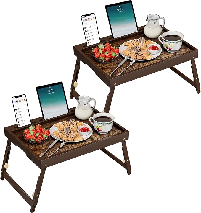 2 Pack Bamboo Breakfast Tray with Telescopic Legs Tray with Foldable Legs and Removable Stand | Ergonomic Handle | Portable Bed Tray for Dining, Working, Laptop, Tablet and Phone
