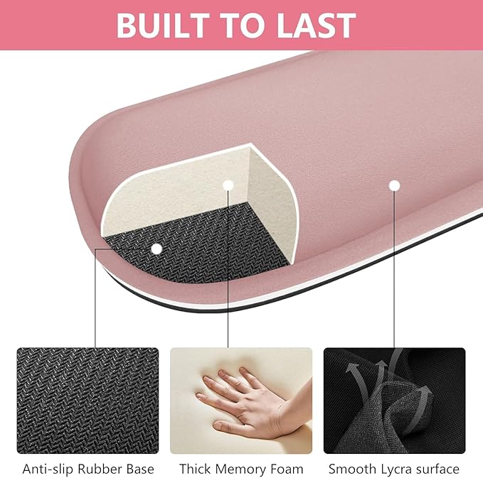 Bloss 2 Wrist Rest Support for Mouse Pad & Keyboard Set, Ergonomic Design Wrist Support Pad for Keyboard, Soft Memory Foam Desk Pads Support Hand and Arm Easy Typing Pain Relief - Pink