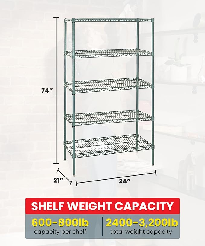Quantum Storage Systems WR74-2124P-5 Wire Shelving Starter Kit, 24" W x 21" D x 74" H, 600 lbs Capacity, Carbon Steel, Epoxy Coated, Green, NSF