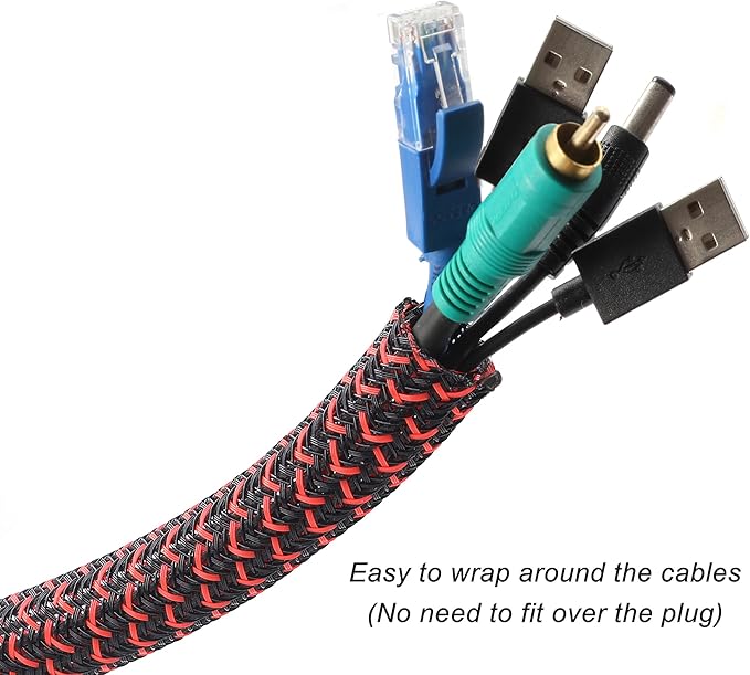 10ft - 1/2 inch Braided Cable Management Sleeve Cord Protector - Self-Wrapping Split Wire Loom for TV/Computer/Home Theater/Engine Bay - Black/Red
