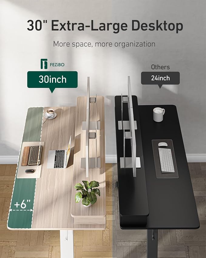 FEZIBO 55 x 30 inch Standing Desk with Drawers, Height Adjustable Electric Workstation, Computer Sit Stand Up Table with Large Storage Shelf 4 Drawers and 2 Hooks, Light Rustic Brown