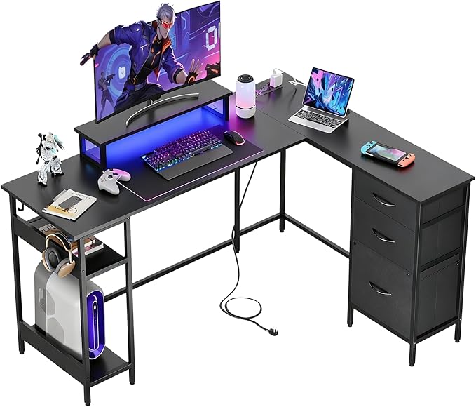DEVAISE 60 Inch L Shaped Gaming Desk with Drawers and Storage, Corner Desk with LED Lights, Power Outlets, Computer Desk with Monitor Stand, Office Desk for Home, Black