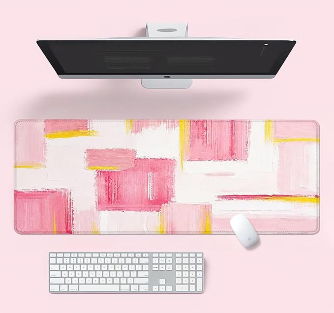 Pink and Gold Large Mousepad for Laptop, Abstract Art Desk Mat, Modern Pink and White Desk Pads, Non-Slip Rubber Base Desktop Mat, Computer Mouse Pad, 31.5 x 11.8 inch