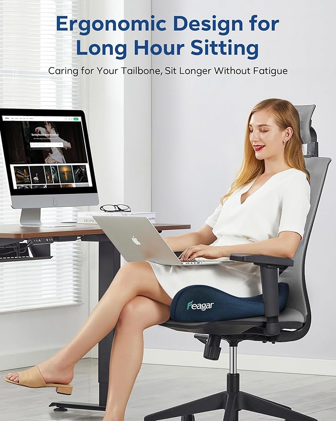 Feagar Seat Cushion for Office Chair - Memory Foam Tailbone Cushion for Desk Chair, Car Seat and Wheelchair - Ergonomic Chair Pad for Hip and Lower Back Comfort - Washable Mesh Cover Blue