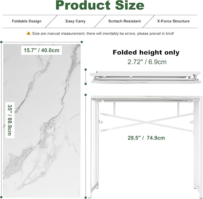 Lutown-Teen 35 inch Folding Small Desk, Writing Gaming Computer Camping Desk for Small Spaces, No Assembly Required Home Office Table, White Marble