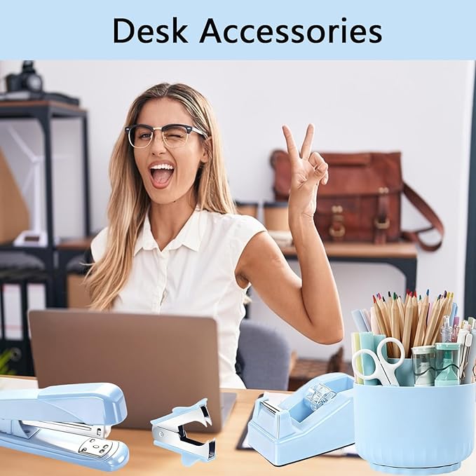 Office Supplies,Bblue Desk Accessories,Office Supplies Set,Desk Organizer,Stapler,Tape Dispenser,Scissors,Staple Remover,Binder Clips,Staples,Ballpoint Pen,Index Tabs with Ruler,Clear Tape.10pcs