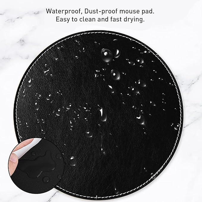 Round Faux Leather Mouse Pad, 7.8 Inch Small Compact PU Leather Circular Desk Mat, Waterproof Non-Slip Smooth Mousepad for Office Laptop, Home Work & Travel (Black)