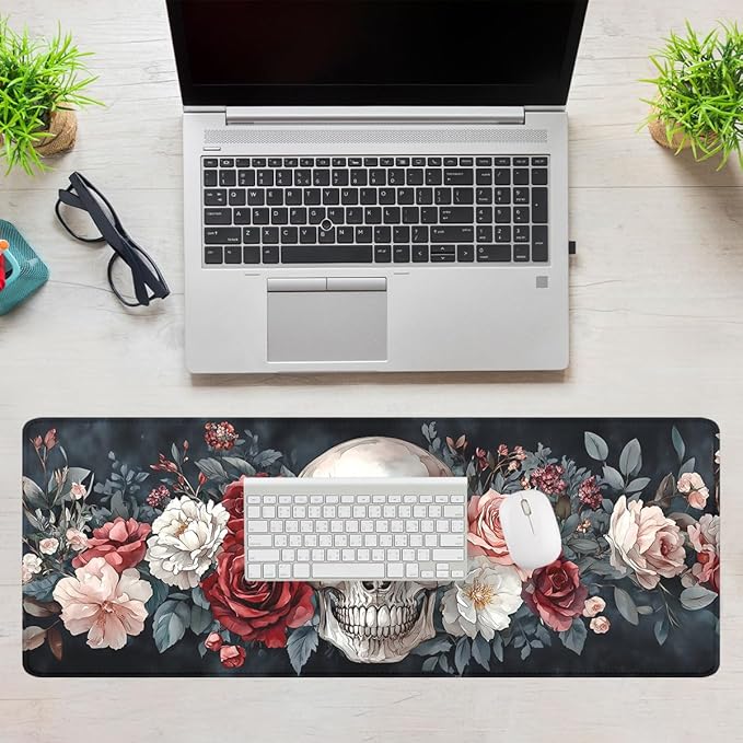 Fantasy Skull Mouse Pad Retro Roses Pink White Red Flowers Extended Mousepad XXL Computer Laptop Keyboard Mouse Mat Big Aesthetic Desk Decor Pad 31.5x11.8 in